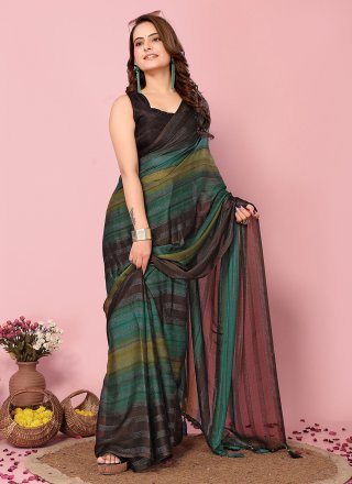 Titillating Green Silk Contemporary Saree with Print Work