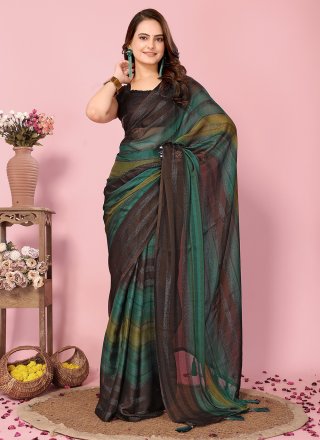 Titillating Green Silk Contemporary Saree with Print Work