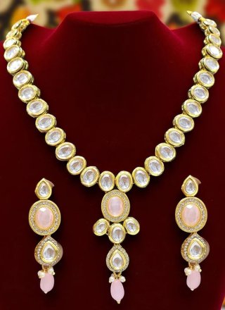 Titillating Pink Beads and Stone Work Necklace Set