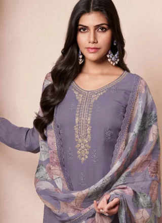 Transcendent Grey and Lavender Organza Salwar Suit with Embroidered and Fancy Work