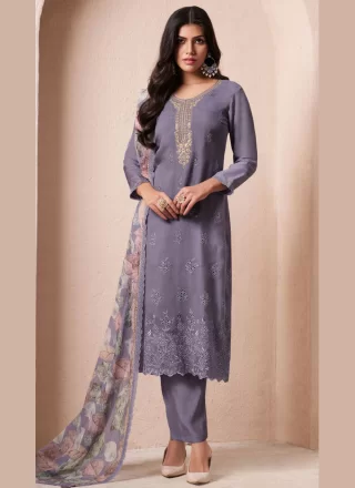 Transcendent Grey and Lavender Organza Salwar Suit with Embroidered and Fancy Work