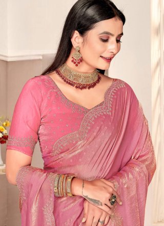 Trendy Pink Satin Silk Classic Sari with Swarovski Work