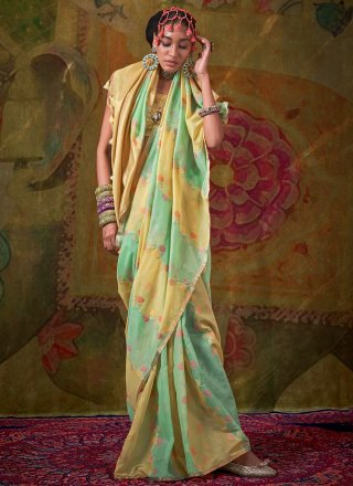 Turquoise and Yellow Handloom Cotton Weaving Work Classic Saree for Ceremonial