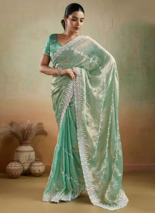 Turquoise Chiffon Embroidered Work Designer Saree for Casual