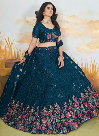 Turquoise Chinon Floral Patch, Sequins and Thread Work Lehenga Choli for Women