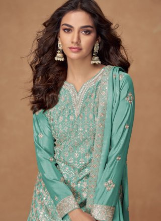 Turquoise Chinon Palazzo Salwar Suit with Embroidered and Zari Work