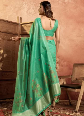 Turquoise Cotton Designer Sari with Print and Weaving Work for Ceremonial