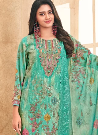 Turquoise Cotton Lawn Digital Print, Resham, Thread and Zari Work Salwar Suit
