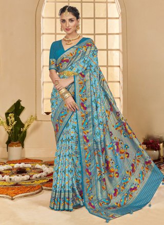 Turquoise Cotton Silk Patch Border and Print Work Contemporary Saree
