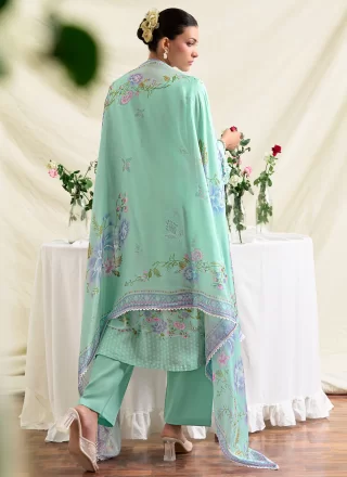 Turquoise Digital Print, Embroidered and Resham Work Muslin Salwar Suit