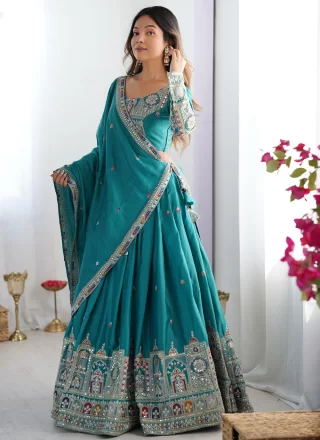 Turquoise Dori, Embroidered, Sequins, Thread and Zari Work Crepe Silk Lehenga Choli