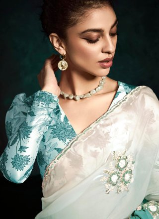 Turquoise Fancy Fabric Trendy Saree with Booti, Embroidered, Sequins, Thread and Zari Work