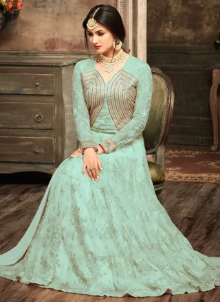 Turquoise Georgette Embroidered, Stone and Zari Work Salwar Suit