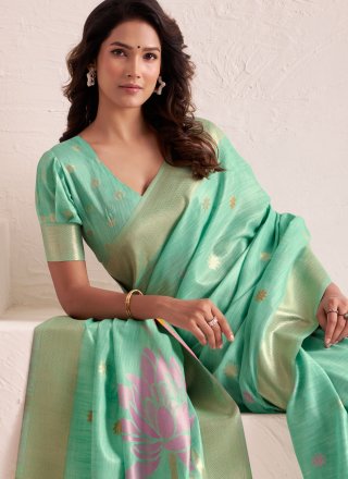 Turquoise Linen Booti and Jacquard Work Classic Sari for Ceremonial