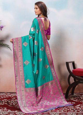 Turquoise Patch Border, Jacquard and Weaving Work Silk Contemporary Sari