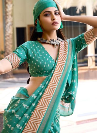 Turquoise Print Work Silk Designer Sari