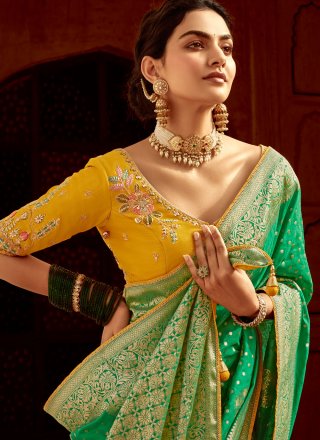 Turquoise Pure Dola Weaving and Zari Work Designer Saree for Ceremonial