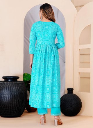 Turquoise Rayon Embroidered and Print Work Salwar Suit for Ceremonial