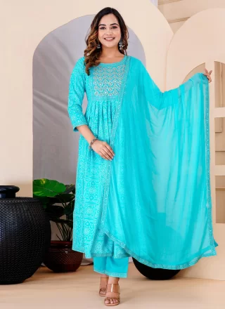 Turquoise Rayon Embroidered and Print Work Salwar Suit for Ceremonial