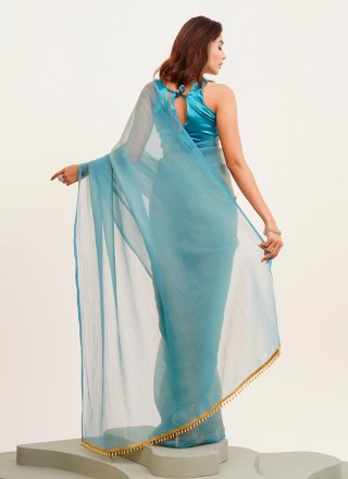 Turquoise Satin Plain Work Contemporary Saree for Ceremonial