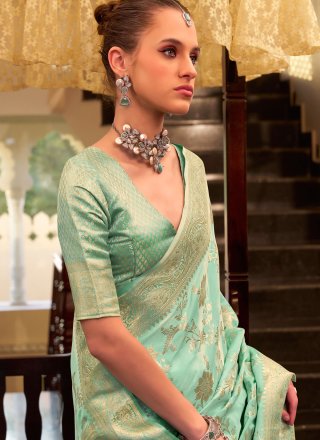 Turquoise Satin Silk Contemporary Sari with Weaving and Zari Work for Ceremonial