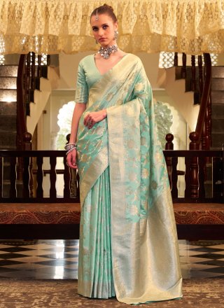 Turquoise Satin Silk Contemporary Sari with Weaving and Zari Work for Ceremonial