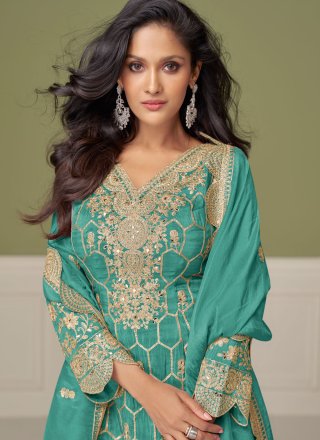 Turquoise Shimmer Trendy Suit with Embroidered, Mirror and Zari Work for Ceremonial