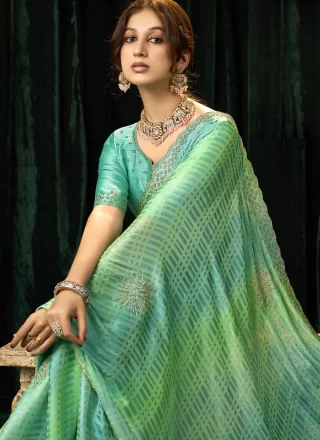 Turquoise Silk Beads, Patch Border and Thread Work Trendy Saree