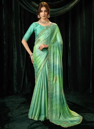 Turquoise Silk Beads, Patch Border and Thread Work Trendy Saree