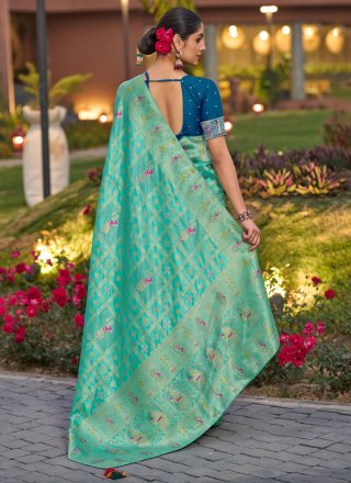 Turquoise Silk Fancy, Stone and Woven Work Classic Sari for Ceremonial