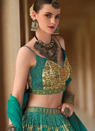 Turquoise Silk Foil Print and Paisley Print Work Readymade Lehenga Choli for Ceremonial