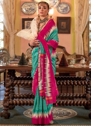 Turquoise Silk Patola Print and Zari Work Designer Saree for Ceremonial