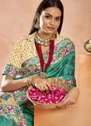 Turquoise Silk Print Work Designer Sari for Ceremonial