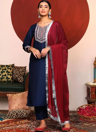 Turquoise Silk Readymade Salwar Suit with Embroidered Work