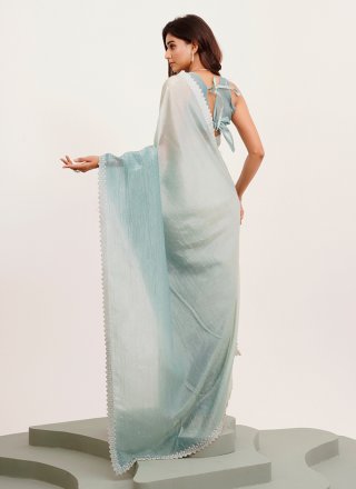 Turquoise Tissue Beads and Stone Work Trendy Saree for Ceremonial