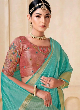 Turquoise Viscose Classic Saree with Jacquard Work