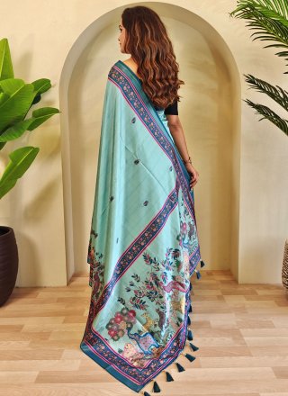 Turquoise Viscose Fancy and Print Work Designer Saree for Ceremonial