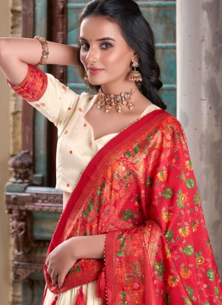Tussar Silk A - Line Lehenga Choli In Off White Color