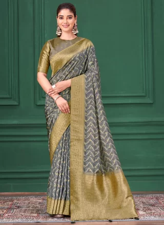 Tussar Silk Designer Sari In Grey Color