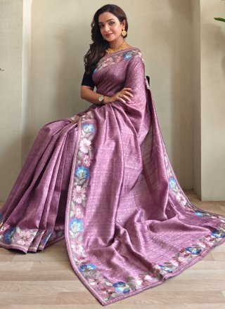 Tussar Silk Traditional Saree with Patch Border and Thread Work