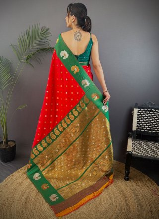 Unique Red Banarasi Silk Trendy Saree with Weaving Work