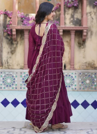 Unique Wine Georgette Gown In Plain