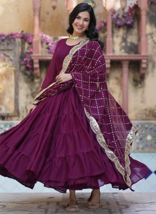 Unique Wine Georgette Gown In Plain