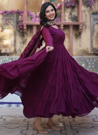 Unique Wine Georgette Gown In Plain