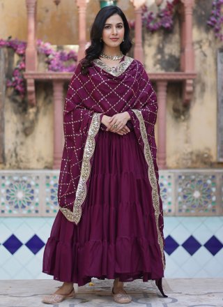 Unique Wine Georgette Gown In Plain
