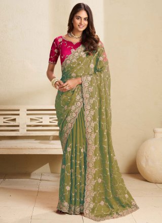 Urbane Green Fandy Trendy Saree with Cord, Stone, Thread and Zari Work