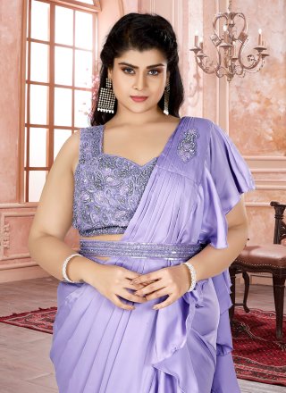 Urbane Lavender Satin Classic Sari with Embroidered Work
