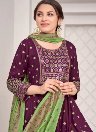 Urbane Purple Rayon Designer Gown with Embroidered and Foil Print Work