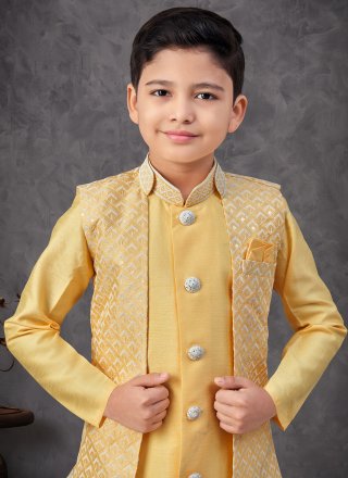 Urbane Yellow Banarasi Silk Indo Western with Machine Embroidery Work