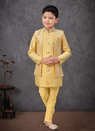 Urbane Yellow Banarasi Silk Indo Western with Machine Embroidery Work